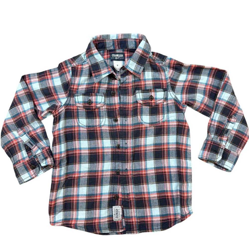 OshKosh Bgosh Boys Plaid Flannel Button Down Shirt Orange Blue Size 6 31372311